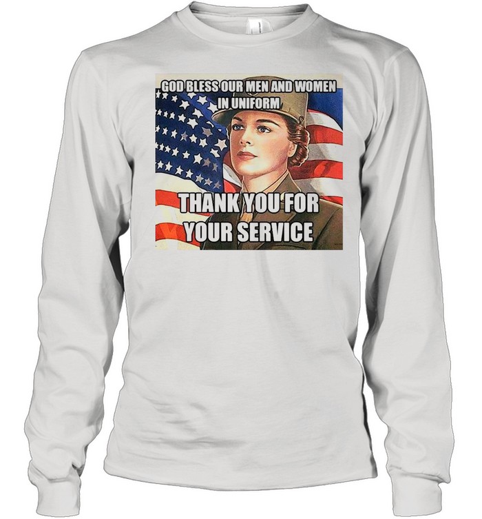 American Flag Girl God Bless Our Men And Women In Uniform Thank You For Your Service T-shirt Long Sleeved T-shirt