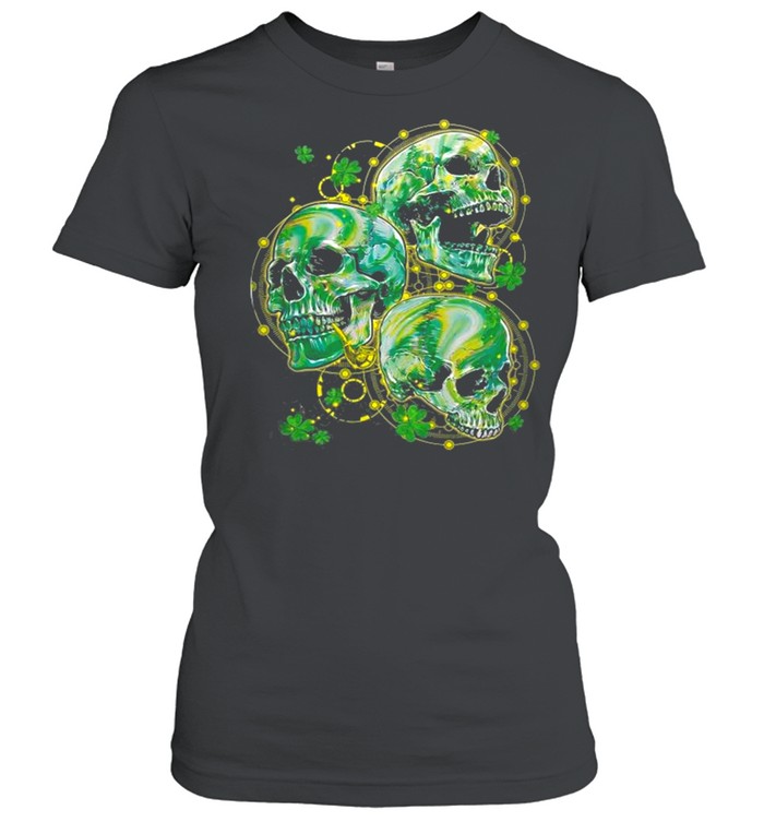 Green Shamrocks Skull With Smoking Pipe Yellow Dots Circle shirt Classic Women's T-shirt