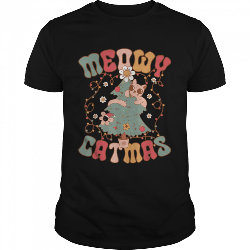 Meowy Catmas Groovy Christmas T-Shirt B0BN8TNX1K